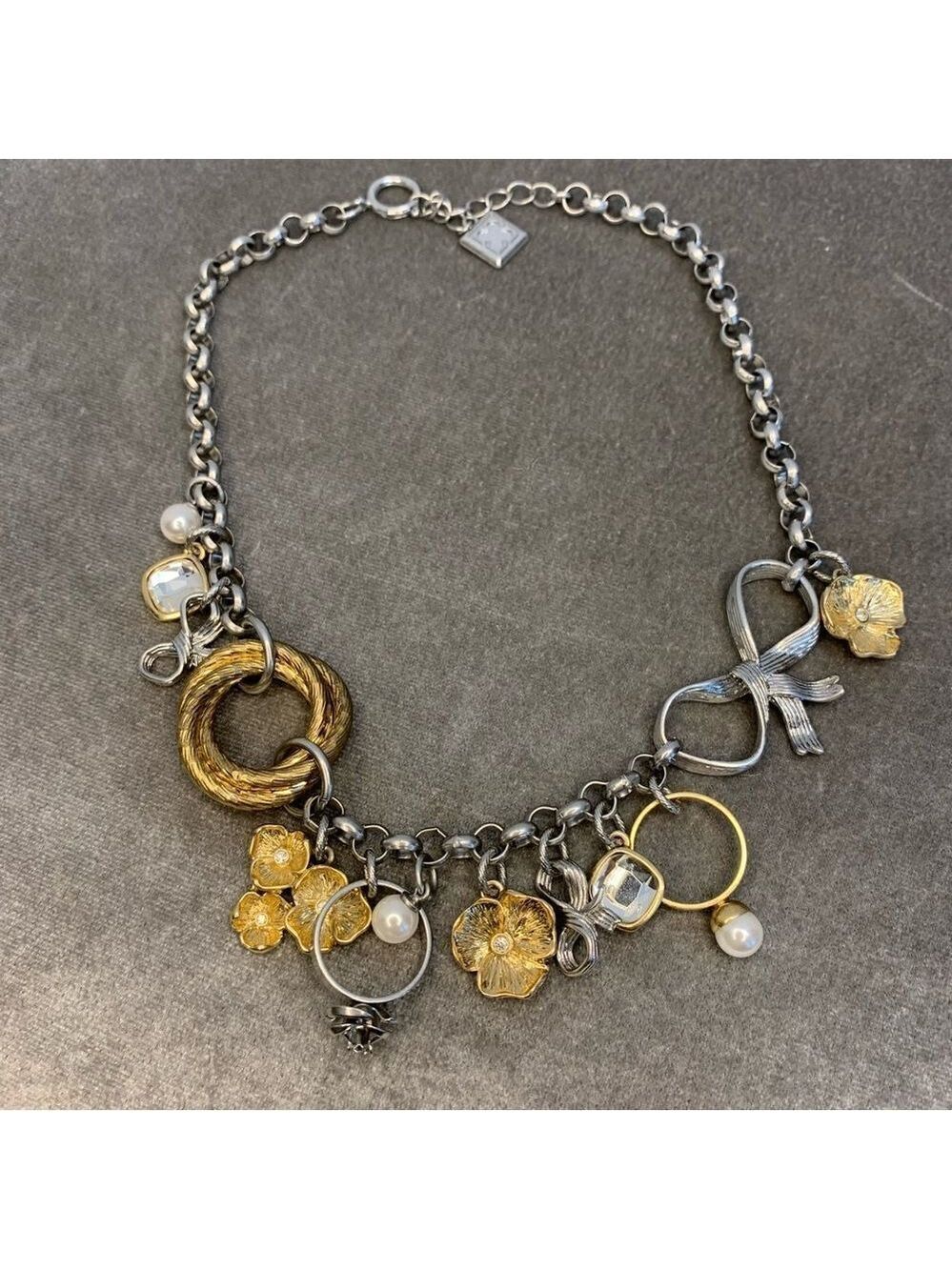 GOLD and silver tone charm necklace bow ring flower pearl